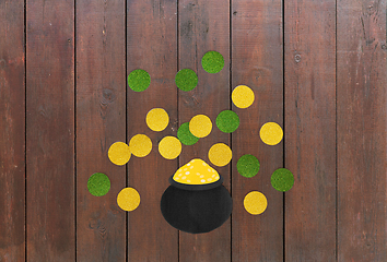 Image showing pot of gold and coins for st patricks day on wood