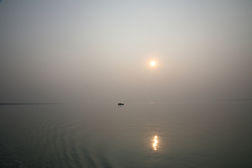 Image showing A stunning sunrise looking over the holiest of rivers in India. Ganges delta in Sundarbans, West Bengal, India.