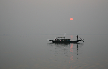 Image showing A stunning sunrise looking over the holiest of rivers in India. Ganges delta in Sundarbans, West Bengal, India.