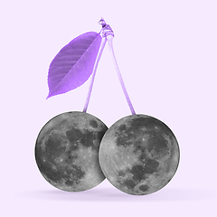 Image showing Modern design, contemporary art collage. Inspiration, idea, trendy urban magazine style. Two moons like cherries on pastel background.