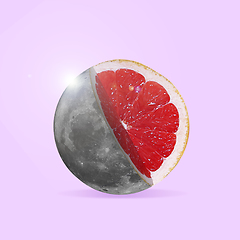 Image showing Modern design, contemporary art collage. Inspiration, idea, trendy urban magazine style. Big moon filled with grapefruit slice on pastel background
