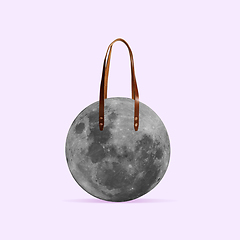 Image showing Modern design, contemporary art collage. Inspiration, idea, trendy urban magazine style. Big moon like bag, shopper on pastel background