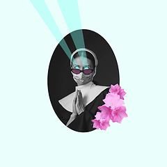 Image showing Modern design, contemporary art collage. Inspiration, idea, trendy urban magazine style. Woman with laser eyes and flowers on pastel background.