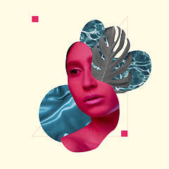 Image showing Modern design, contemporary art collage. Inspiration, idea, trendy urban magazine style. Beautiful female portrait with fluid on pastel background