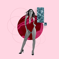 Image showing Modern design, contemporary art collage. Inspiration, idea, trendy urban magazine style. Woman in waved bardo bodysuit on pastel background