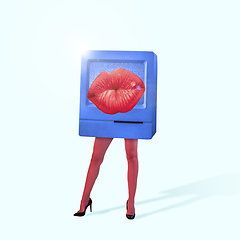 Image showing Modern design, contemporary art collage. Inspiration, idea, trendy urban magazine style. TV on female legs with big red lips on pastel background