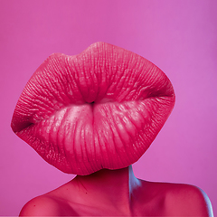 Image showing Modern design, contemporary art collage. Inspiration, idea, trendy urban magazine style. Female body headed with big kissing lips on purple background