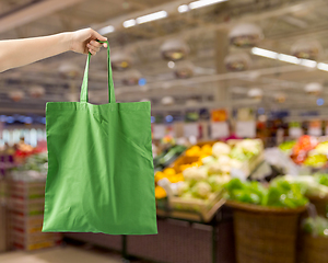 Image showing hand holding reusable canvas bag for food shopping