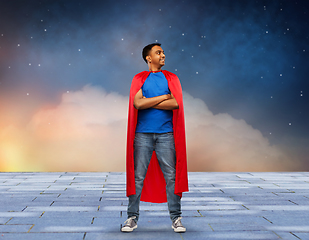 Image showing happy smiling indian man in red superhero cape