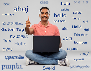 Image showing happy indian man with laptop showing thumbs up