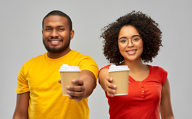 Image showing happy african american couple with coffee cups