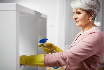 Image showing senior woman cleaning rack with detergent at home