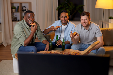 Image showing happy male friends with beer eating pizza at home