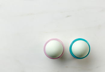 Image showing fresh cholesterol free bio eggs on kitchen table, top view