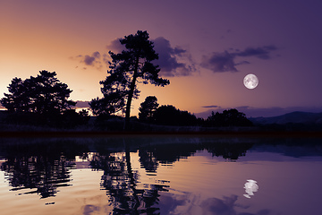 Image showing moon with lake reflections dark scenery