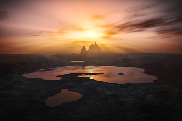 Image showing sunset over spiky mountains