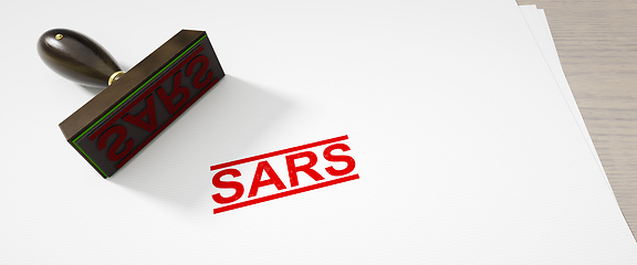 Image showing paper background with a stamp and the word SARS