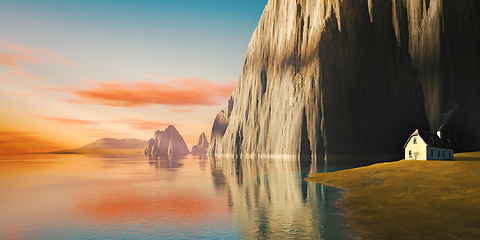 Image showing quiet place with red clouds in the dawn sky