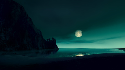 Image showing full moon at the ocean with lost castle by night