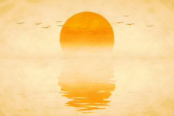 Image showing beautiful golden sunset with birds digital painting