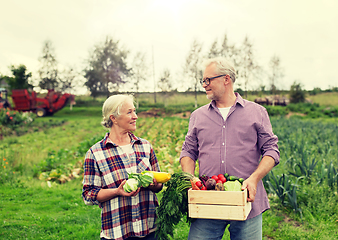 Image showing senior couple with box of vegetables on farm