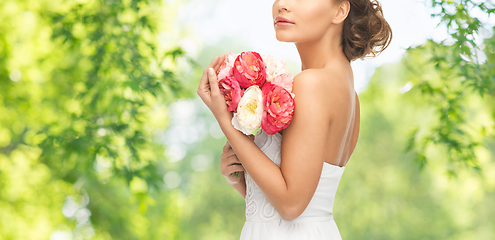 Image showing young woman or bride with bouquet of flowers