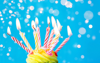 Image showing birthday cupcake with many burning candles