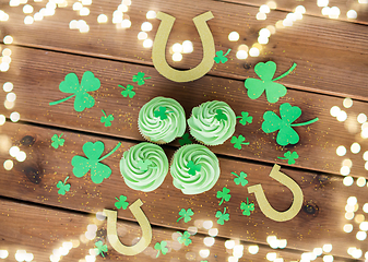 Image showing green cupcakes, horseshoes and shamrock