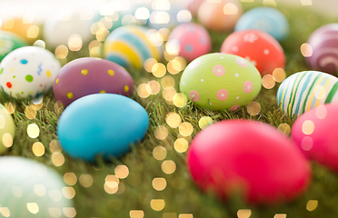 Image showing colored easter eggs on artificial grass