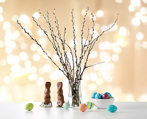 Image showing pussy willow, easter eggs and chocolate bunnies