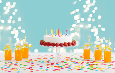 Image showing birthday cake, juice, popcorn and marshmallow