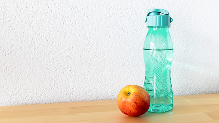 Image showing apple and a water bottle on a wooden table