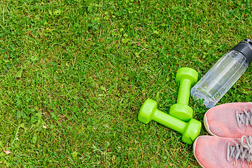 Image showing Ladie's dumbbles and sneakers on the green grass background