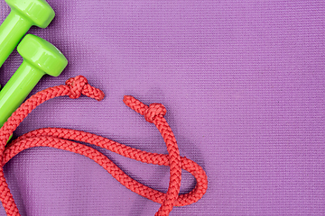 Image showing Ladie's dumbbles and skipping rope over purple fitness mat, top view.