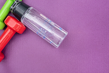 Image showing Ladie's dumbbles and water bottle over purple fitness mat, top view.