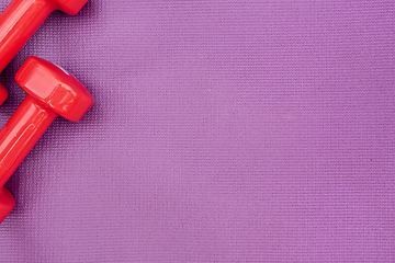 Image showing Ladie's dumbbles over purple fitness mat, top view.