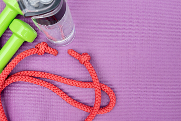 Image showing Ladie's dumbbles, water bottle and skipping rope over purple fitness mat, top view.