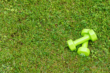 Image showing Green ladies dumbbells on the green grass background