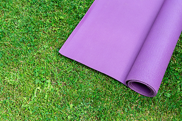 Image showing Fitness mat on the green grass background