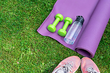 Image showing Ladie's dumbbells, fitness mat and sneakers on the green grass background