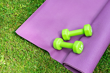 Image showing Ladie's dumbbells over purple fitness mat, top view.