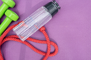 Image showing Ladie's dumbbells, water bottle and skipping rope over purple fitness mat, top view.