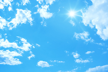 Image showing typical blue sky with sun and clouds background