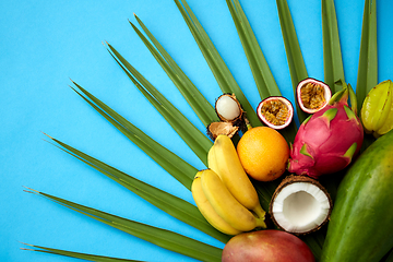 Image showing different exotic fruits on blue background