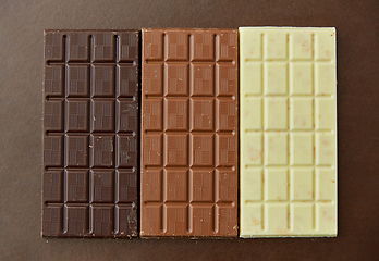 Image showing different kinds of chocolate on brown background