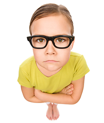 Image showing Portrait of a sad little girl wearing glasses