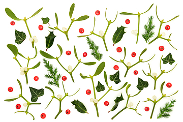 Image showing Holly Berry Mistletoe and Fir Background Composition