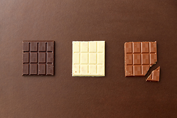 Image showing different kinds of chocolate on brown background