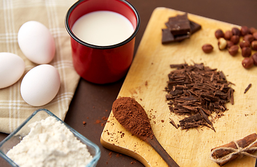 Image showing chocolate, cocoa powder, milk, eggs and flour