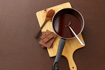 Image showing pot with melted hot chocolate and cocoa powder